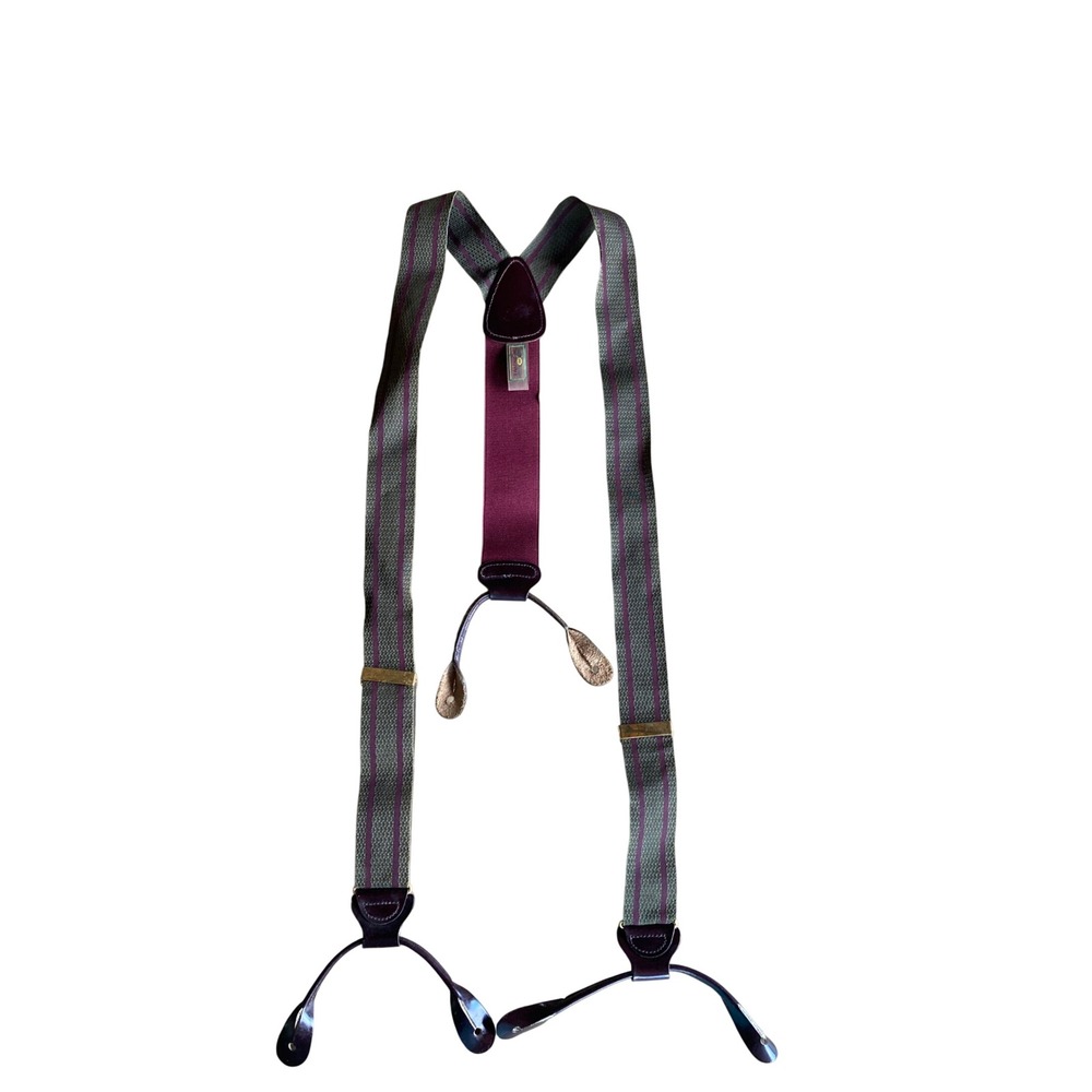 Trafalgar Mens Suspenders Braces Y-Back Button End Olive Green Burgundy Striped
